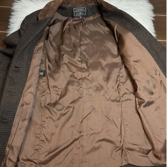 Vintage 90s Wool Plaid Blazer Jacket Women's Large Equestrian Brown Suede Trim - Picture 13 of 15